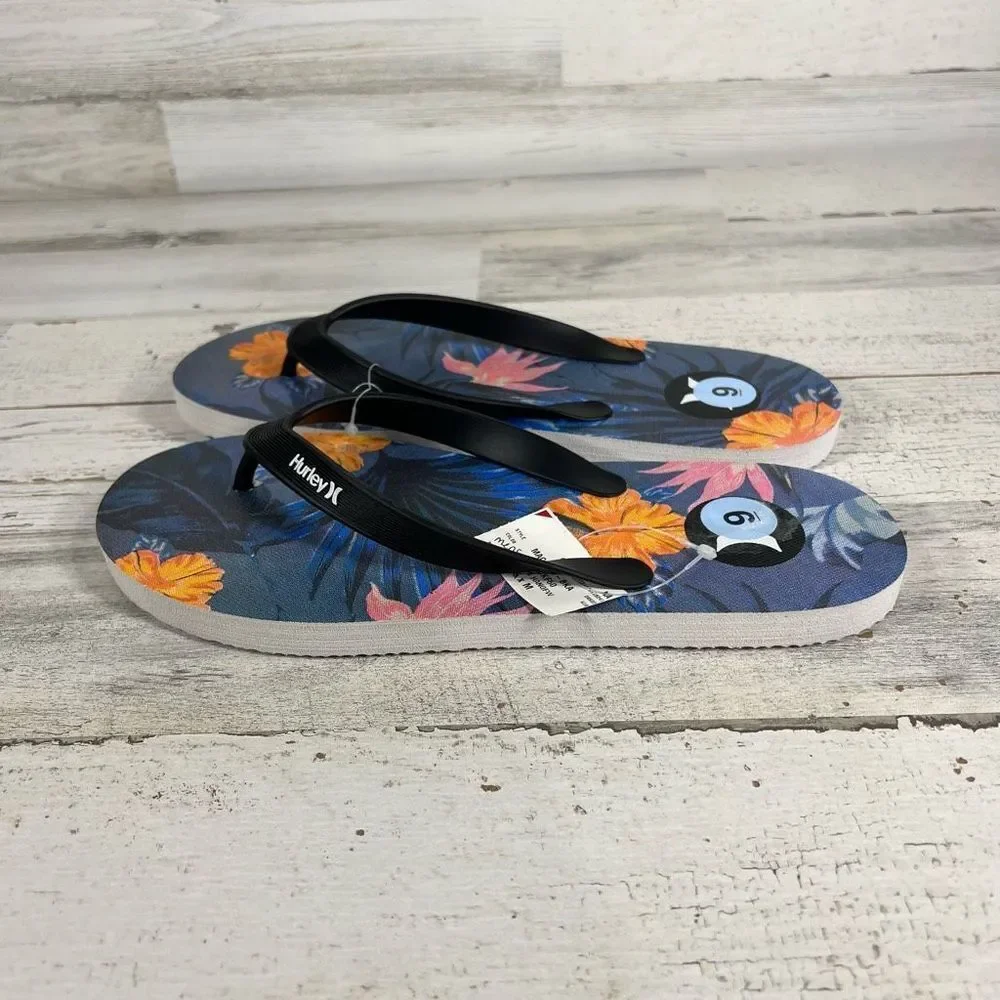 Hurley Mens Floral Flip Flops Sandals Summer‎ Beach Pool Theme Blue Size 9